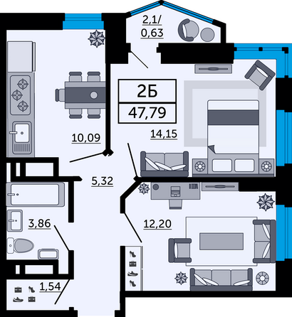 Планировка 2-комн 47,79 м²