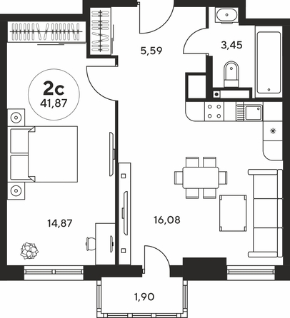 Планировка 2-комн 41,76 - 41,95 м²