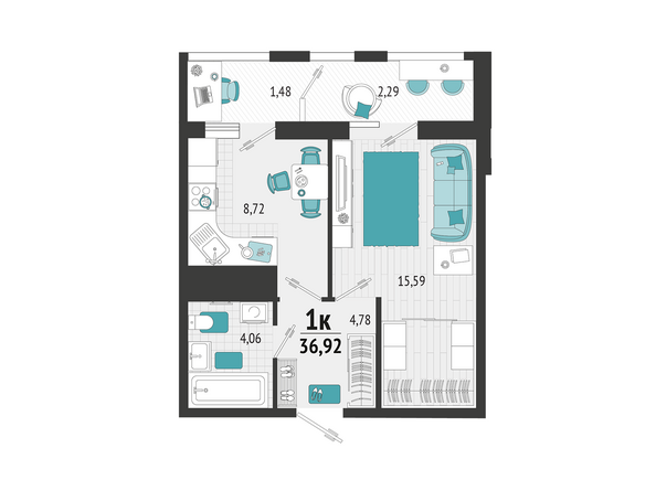 Планировка 1-комн 36,92 м²