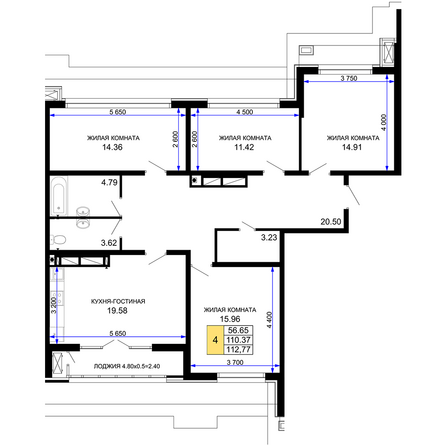 Планировка 4-комн 112,77 м²