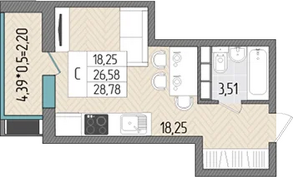 Планировка Студия 28,78 м²