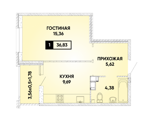 Планировка 1-комн 36,83 м²