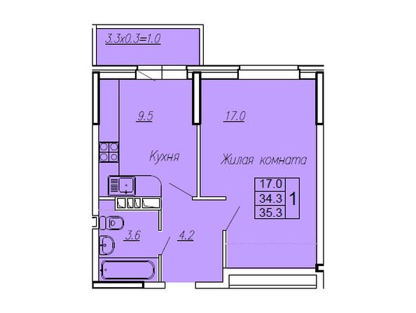 Планировка 1-комн 35,3, 35,5 м²
