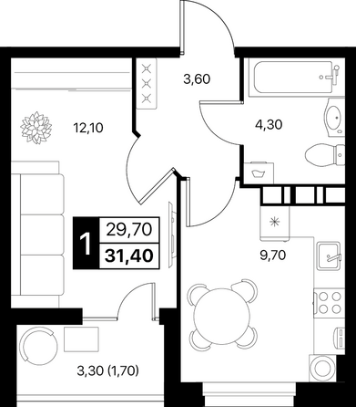 Планировка 1-комн 31,4 - 31,9 м²