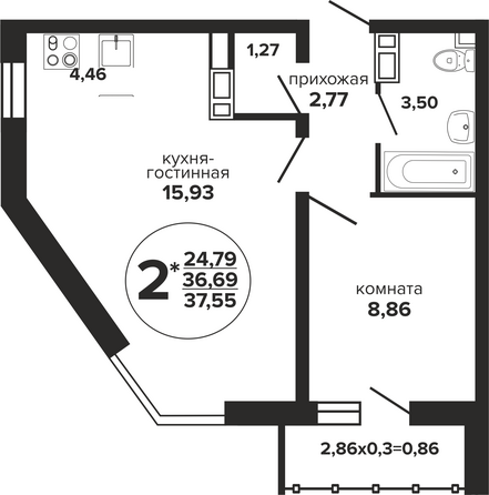 Планировка 1-комн 37,55, 38,33 м²