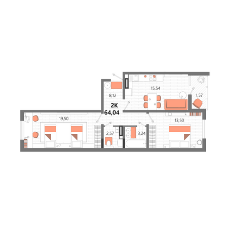 Планировка 2-комн 64,04 м²