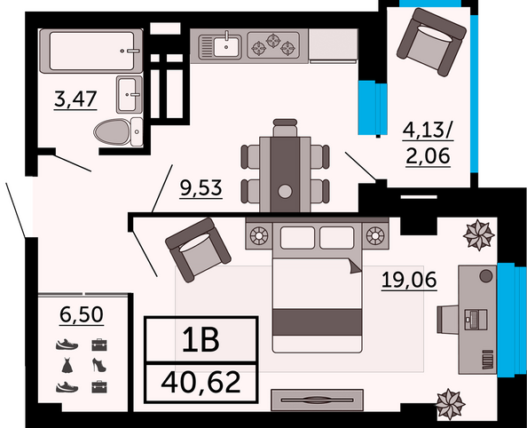 Планировка 1-комн 40,62 м²