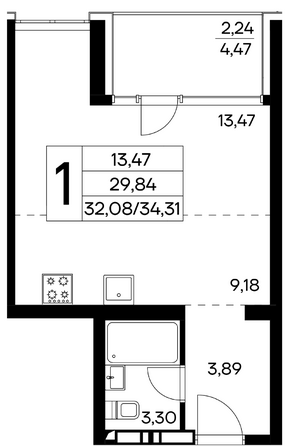 Планировка 1-комн 33,36 - 34,31 м²