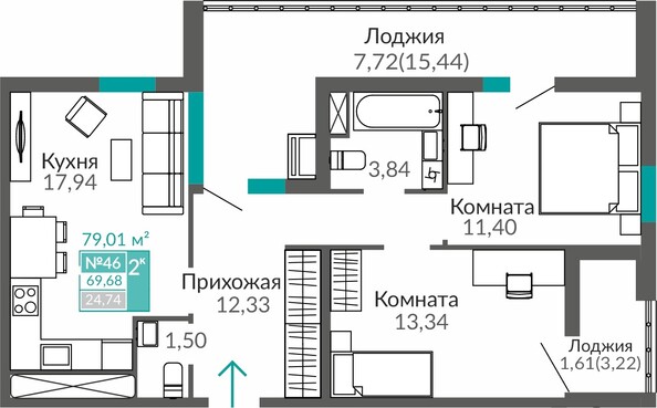 Планировка 2-комн 69,68 м²