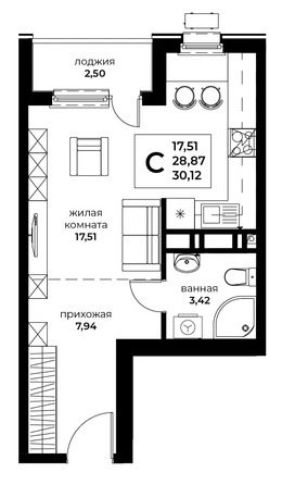 Планировка Студия 30,12 м²