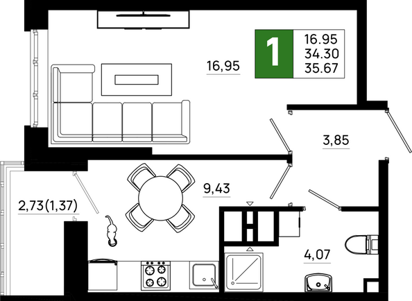 Планировка 1-комн 35,67 м²
