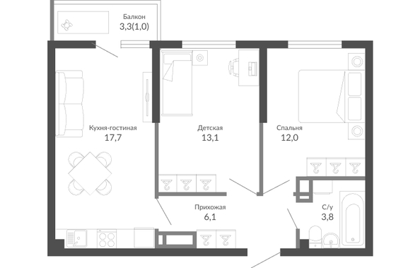 Планировка 2-комн 53,7 м²