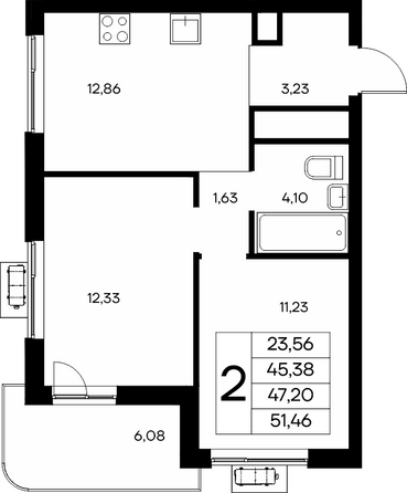 Планировка 2-комн 51,46 - 51,76 м²