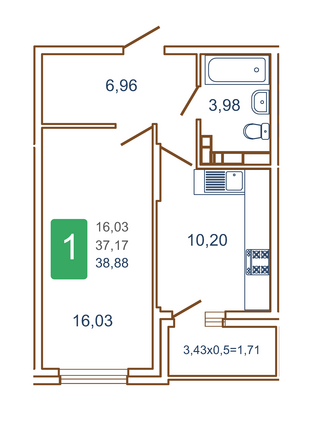 Планировка 1-комн 38,88 м²