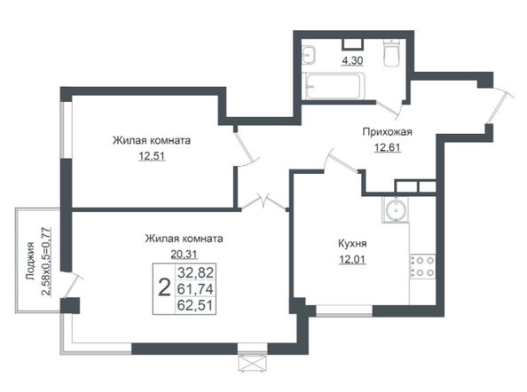 Планировка 2-комн 62,11, 62,51 м²