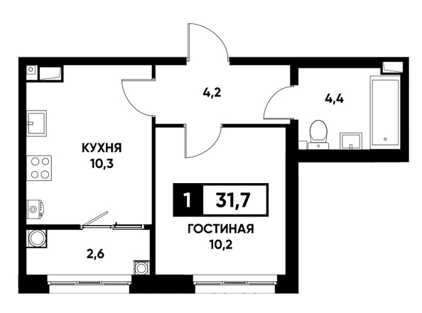 Планировка 1-комн 31,7 м²