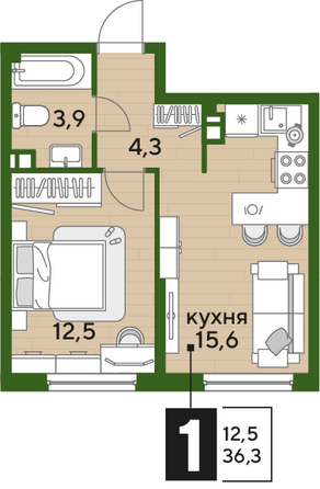 Планировка 1-комн 36,3 м²