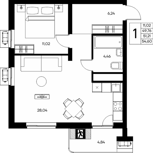 Планировка 1-комн 54,6 м²