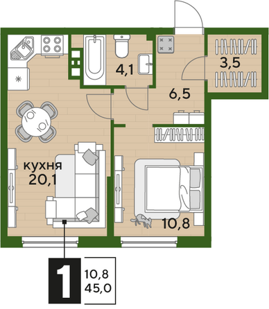 Планировка 1-комн 45,2 м²