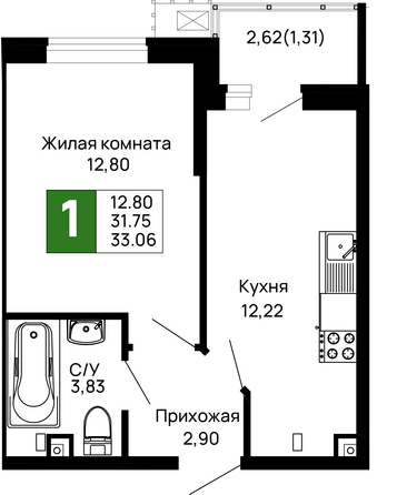 Планировка 1-комн 33,06 м²