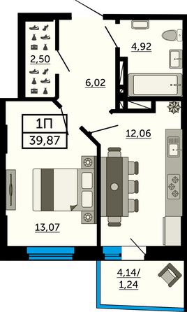 Планировка 1-комн 39,41 - 39,64 м²