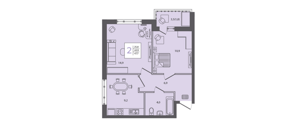 Планировка 2-комн 47,7 м²