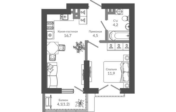 Планировка 1-комн 38,5 м²