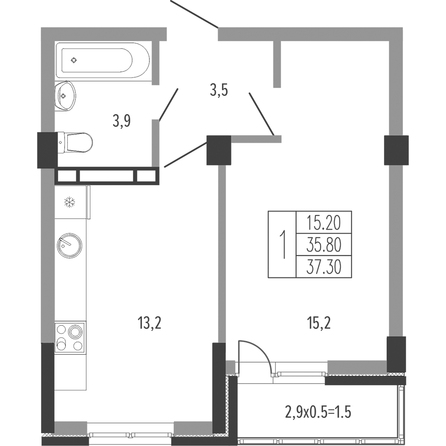 Планировка 1-комн 37,3 м²