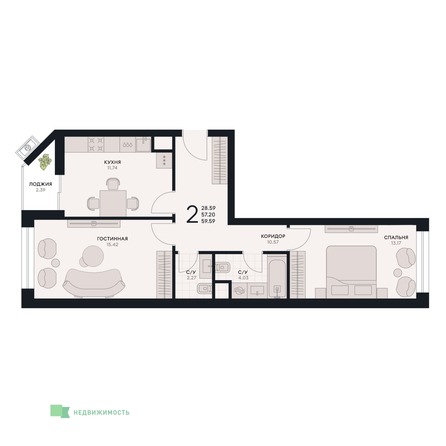 Планировка 2-комн 59,59 м²