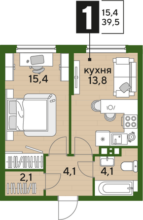 Планировка 1-комн 39,5 м²