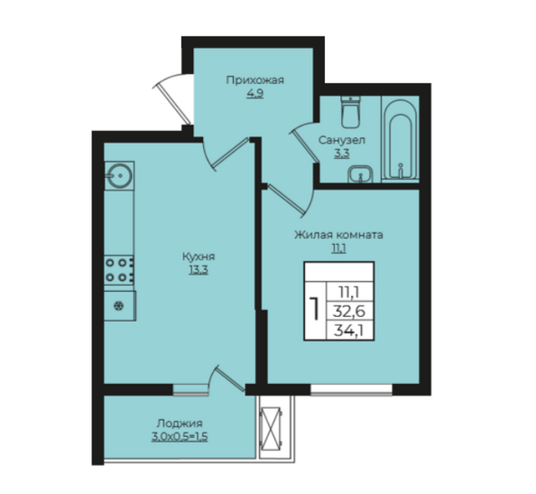 Планировка 1-комн 33,6, 34,1 м²