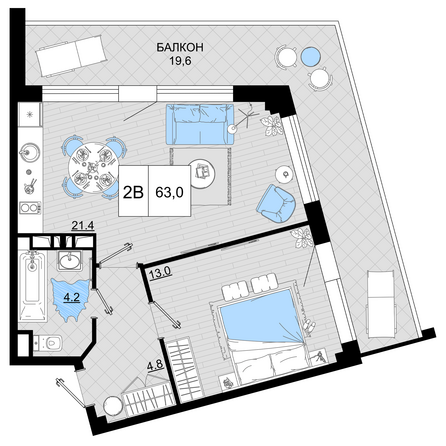 Планировка 2-комн 63 м²