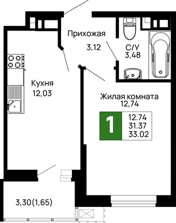 Планировка 1-комн 33,02 м²