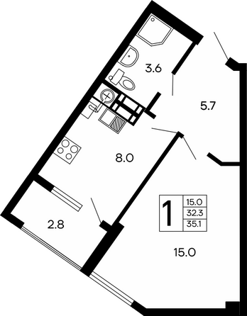 Планировка 1-комн 35,1 м²