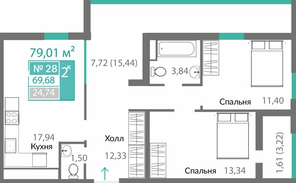Планировка 2-комн 69,68 м²