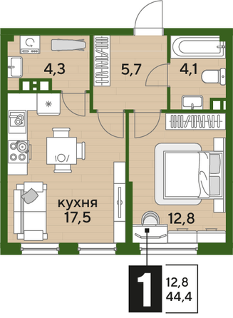 Планировка 1-комн 44,4 м²