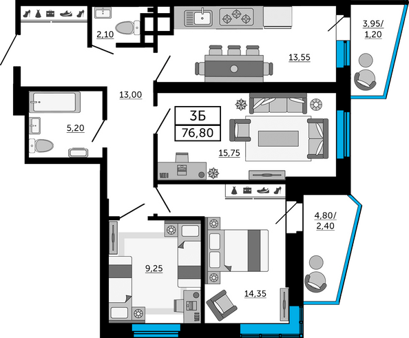 Планировка 3-комн 76,6, 76,8 м²