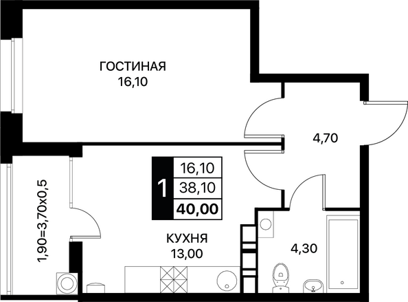 Планировка 1-комн 40 м²