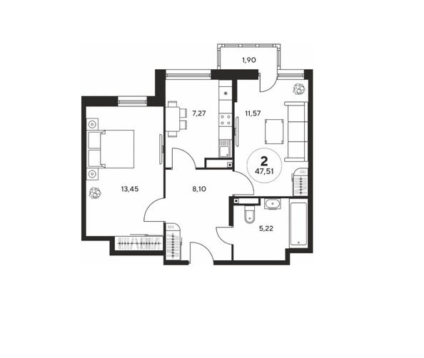 Планировка 2-комн 47,4, 47,51 м²