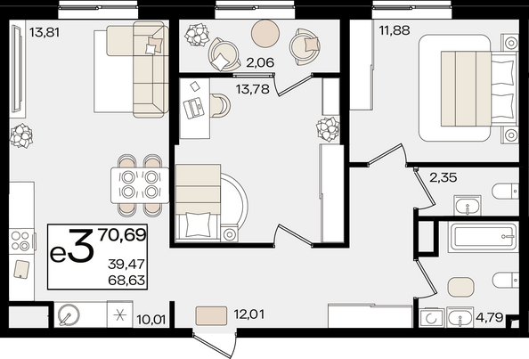 Планировка 3-комн 70,69 м²