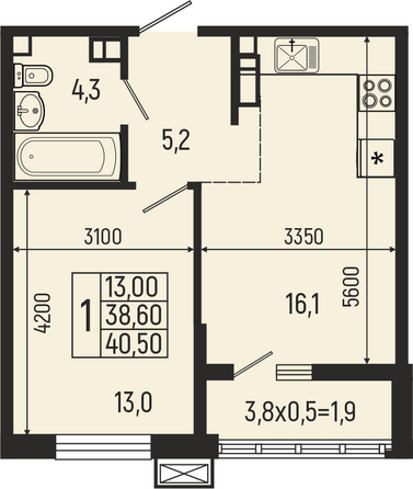 Планировка 1-комн 40,5 м²