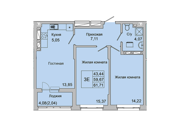 Планировка 3-комн 62,27 м²