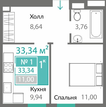 Планировка 1-комн 33,34 м²