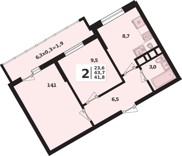 Планировка 2-комн 43,7 м²