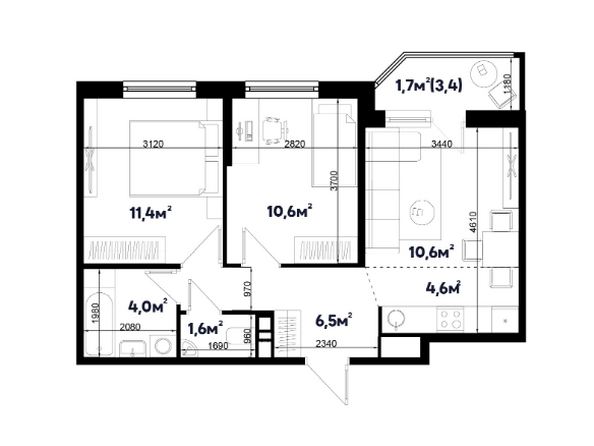 Планировка 3-комн 51 м²