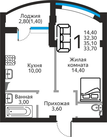 Планировка 1-комн 33,7 м²