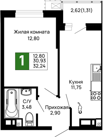 Планировка 1-комн 32,24 м²