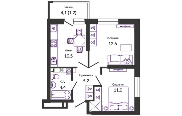 Планировка 2-комн 44,9 м²