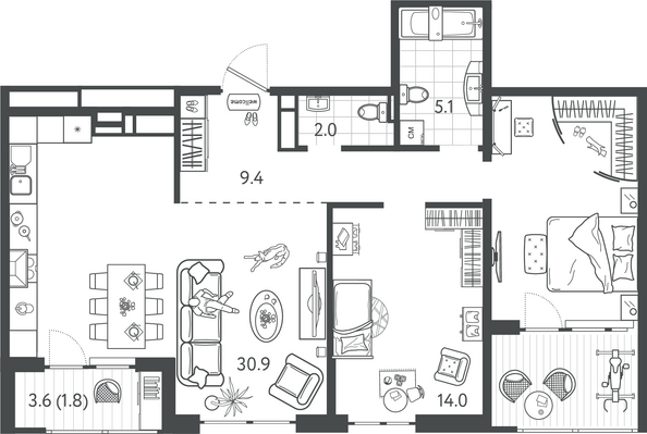 Планировка 2-комн 80,7 м²