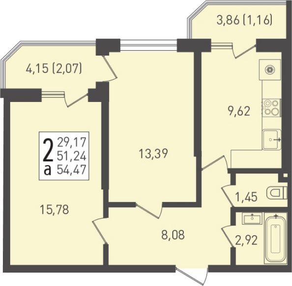 Планировка 2-комн 54,47 м²